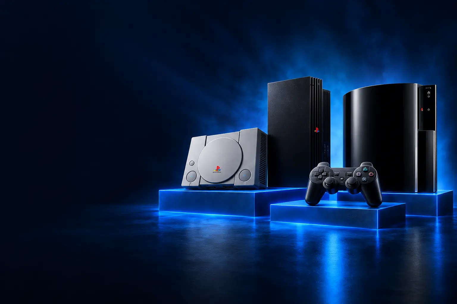 PlayStation, PlayStation 2 and PlayStation 3 consoles on illuminated blue platforms